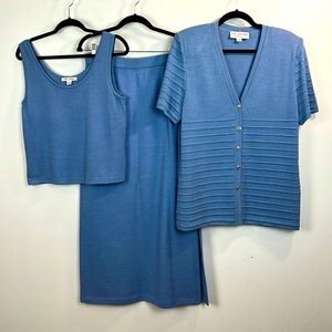 St. John 3 Piece Santana Knit Blue Evening Skirt Cardigan Tank Top Women's 10/S
